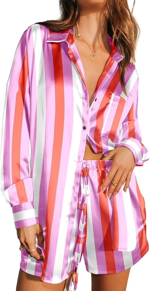 Ekouaer Womens 2 Piece Satin Pajama Set Long Sleeve Lounge Sets Button Down Tops and Shorts PJs Soft Sleepwear Set Pink Stripe S