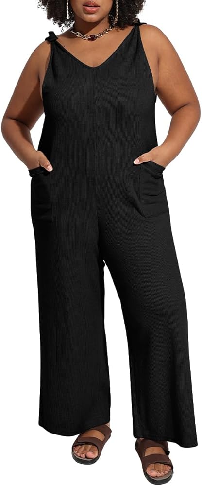 RITERA Plus Size Jumpsuits For Curvy Women Sleeveless Adjustable Knot Straps Long Wide Leg Pant Pocket Overalls Fall XL-5XL