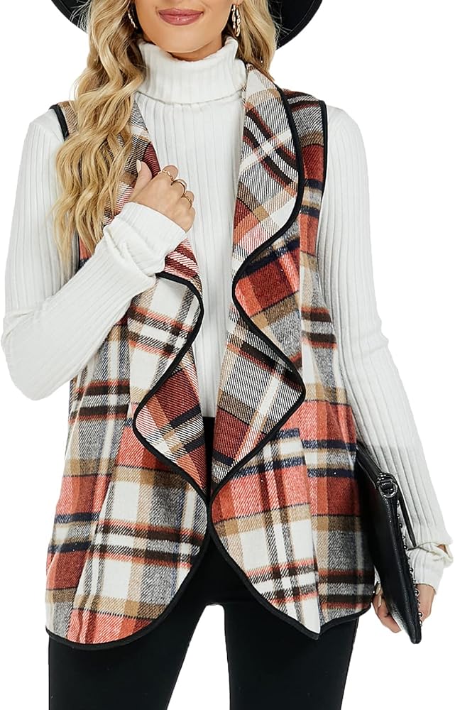 Womens Casual Buffalo Plaid Vest Lapel Open Front Sleeveless Cardigan Jacket Coat with Pockets