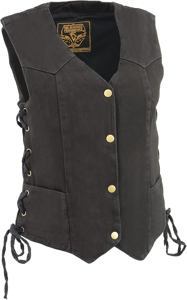 Ladies Side Lace 3 Snap Front Denim Vest (BLACK, M)