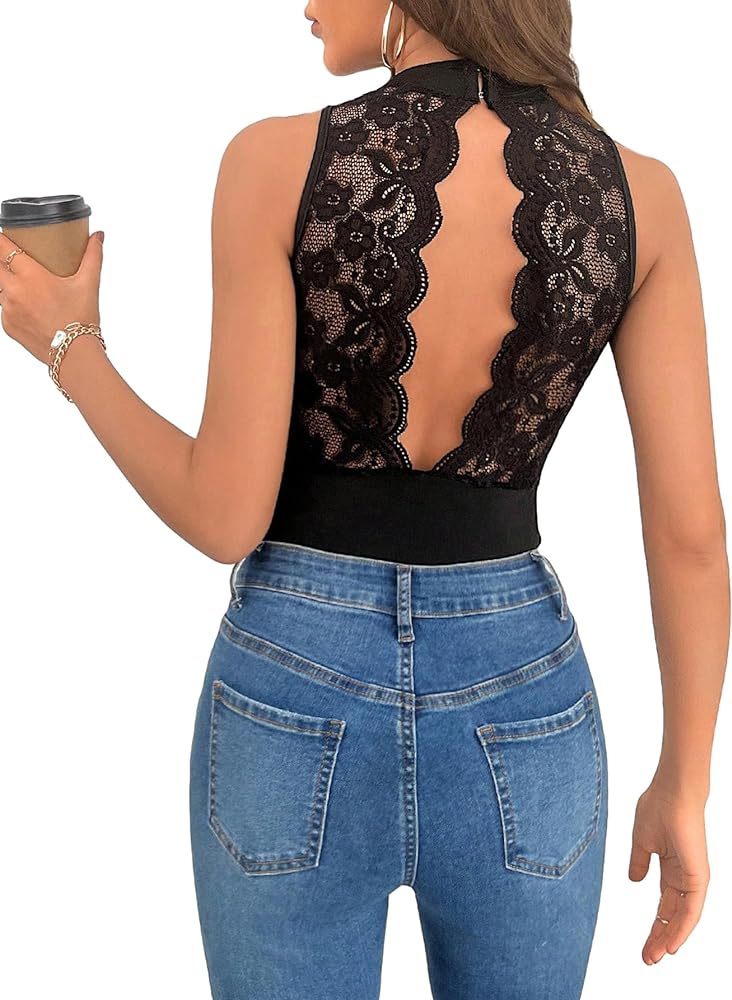 Milumia Women's Ribbed Contrast Lace Knot Backless Halter Tops Sleeveless Bodysuit Black Scallop Trim Small