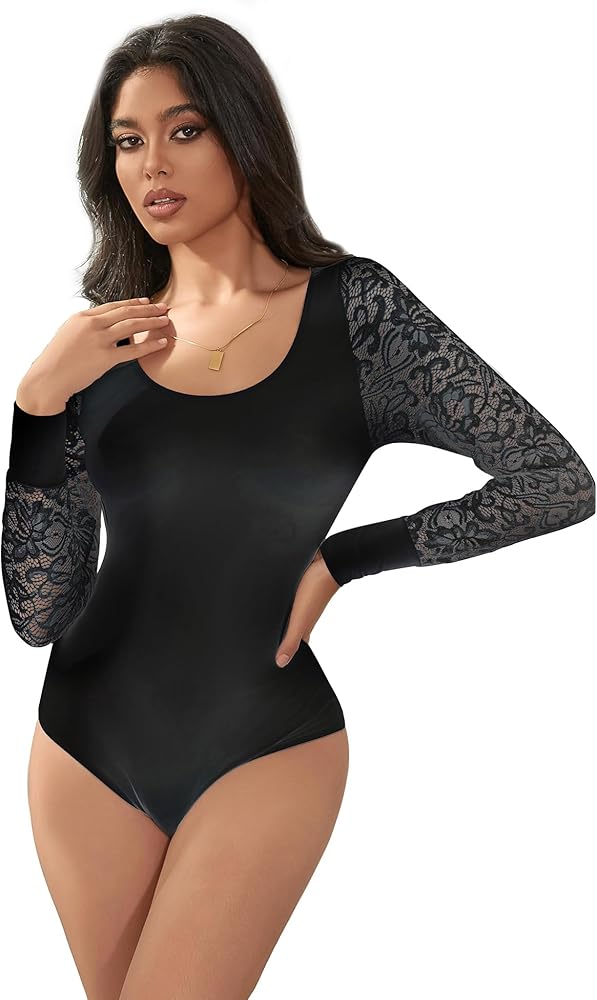 ohyeah Women Plus Size Floral Lace Long Sleeve Bodysuit Crew Neck Thong Bodysuit Top Sexy Sheer Mesh Clubwear Leoterd