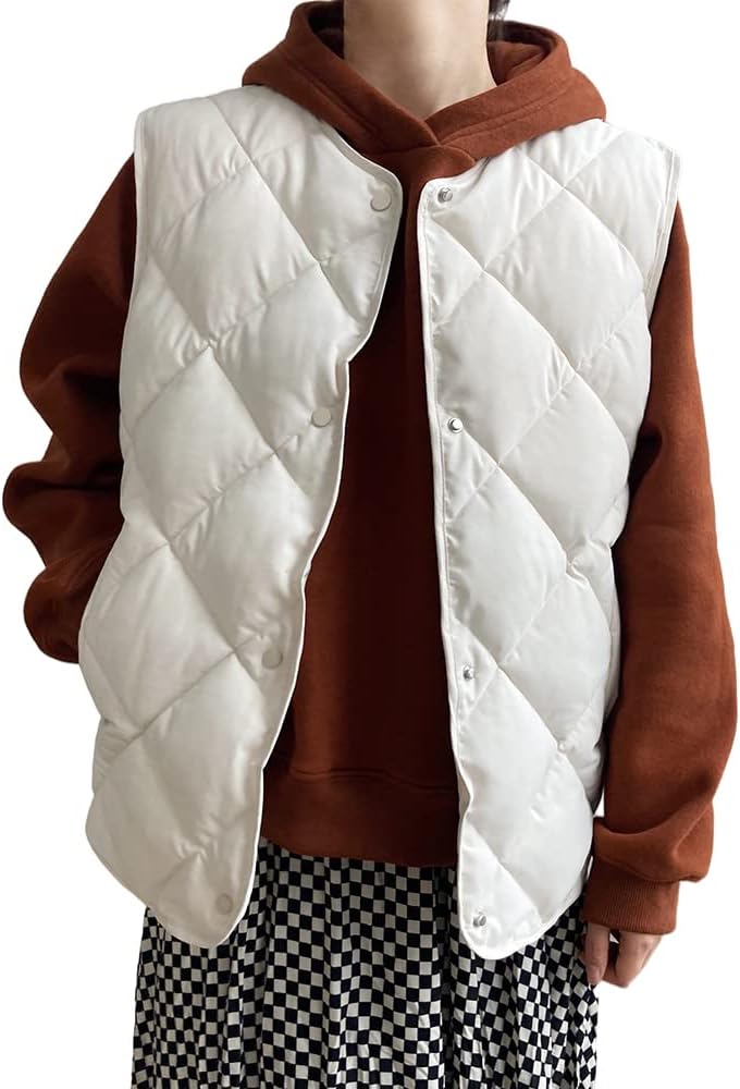 Women's Quilted Vest Thermal Padded Coats Jacket Sleeveless Puffer Vest Outerwear with Pockets (Large, White)