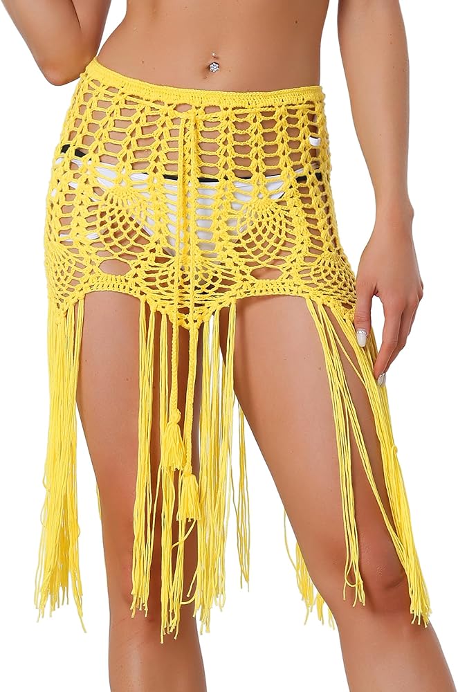 Allegra K Women's Crochet Sexy Summer Beach Swimsuit Tassel Cover-Up Skirt