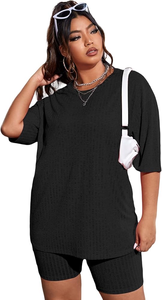 WDIRARA Women's Plus Size 2 Piece Outfit Ribbed Knit Short Sleeve Tee and Shorts Set Black 1XL