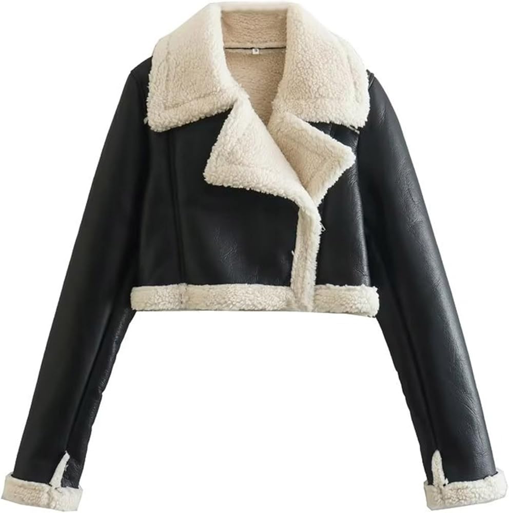 Women Winter Leather Jacket Thicken Fleece Lined Motorcycle Jacket Faux Fur Shearling Fluffy Coat Cropped Bomber Jacket