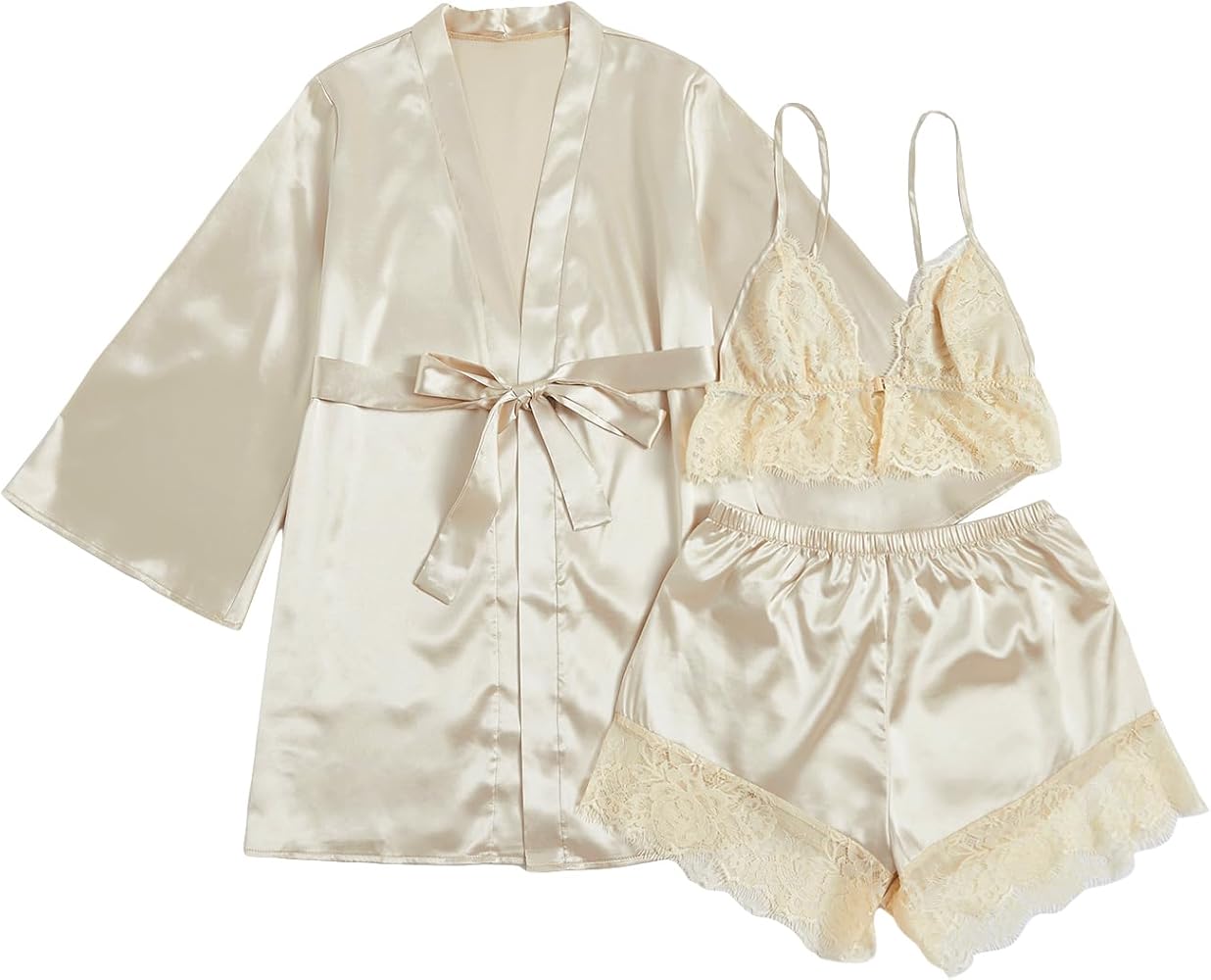 Verdusa Women's Satin Pajama Set 3 Piece Lace Trim Camisole and Shorts with Robe Champagne Small