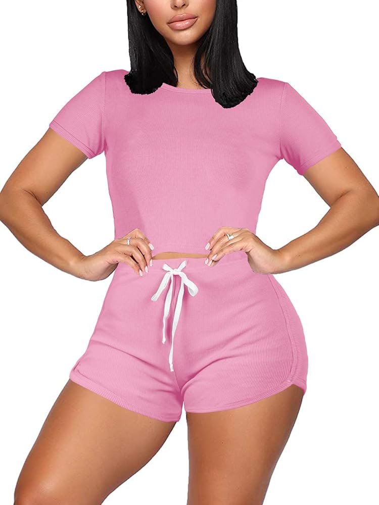 Outfits for Women 2 Piece Sets - Sexy Ribbed Short Sleeve Crop Tops + Skinny Shorts Yoga Outfits Tracksuit Pink X-Small