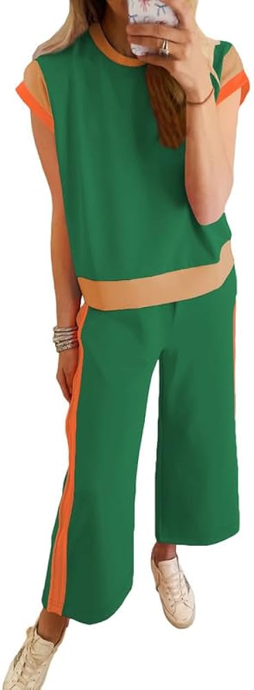 SHEWIN Women's 2 Piece Lounge Sets Casual Short Sleeve Pullover Tops Matching Wide Leg Pants Tracksuit Set