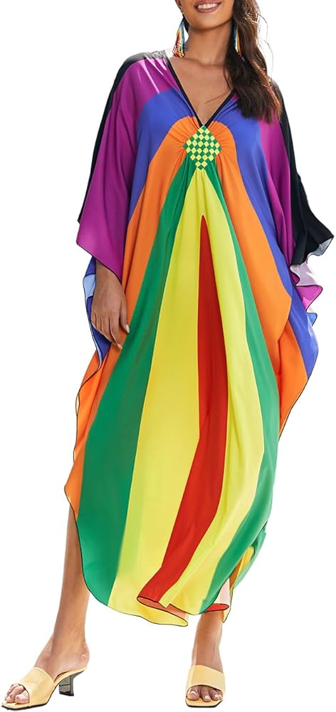 Bsubseach Kaftans for Women Plus Size Caftan Dress Long Bathing Suit Cover Ups Side Split Casual Fall Dress Colorful Stripes