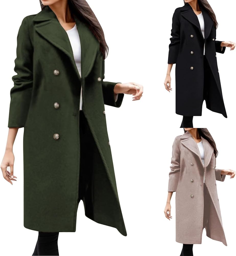 2023 Women Winter Double Breasted Wool Blend Coat Mid Length Overcoat Casual Notched Collar Trench Jackets Outerwear