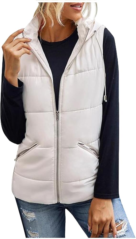 Women's Puffer Quilted Vest Lightweight Cotton Padded Jacket Warm Sleeveless Coats Outerwear with Hooded Pockets