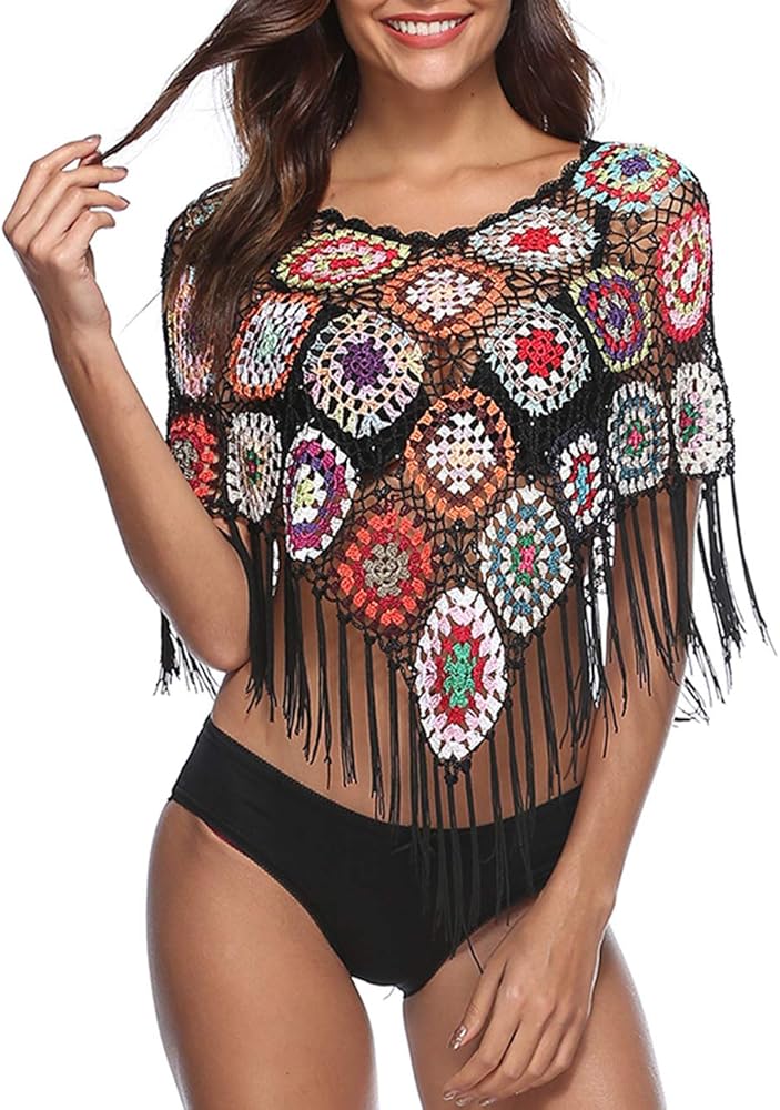 xxxiticat Women's Embroidery Print Hollow Out Bikini Blouse Cloak Poncho Cape Fringe Hem Crochet Floral Beach Cover Ups Tops