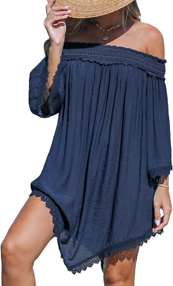 CUPSHE Women's Off Shoulder Cover Up Smoked Swimwear Bardot Neck Bathing Suit Lace Hem Midi Dress Beachwear 2024