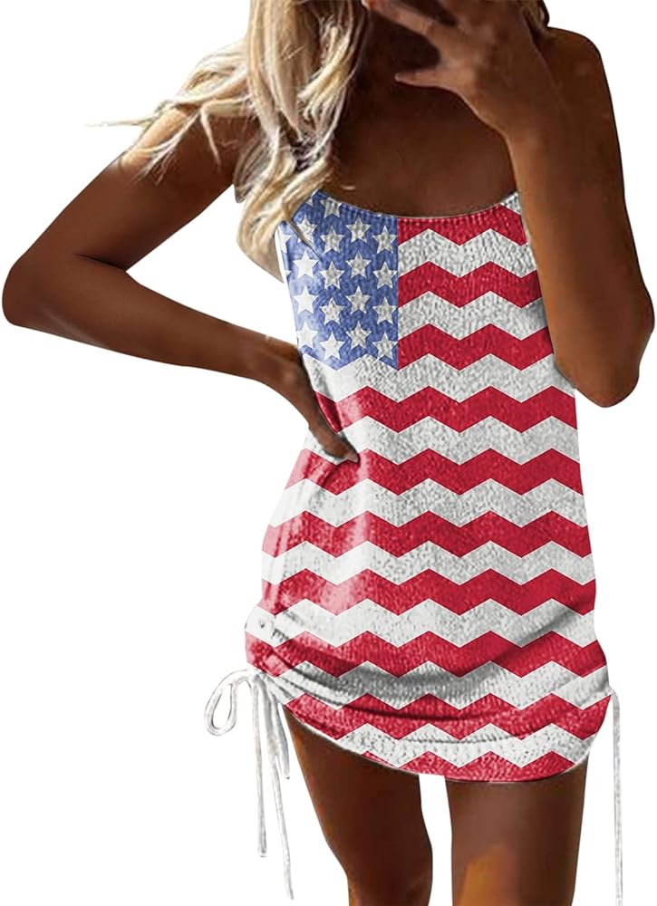 4th of July Swimsuit Cover Ups for Women America Flag Bathing Suits Drawstring Swimdress 2024 Summer Beach Swimwear