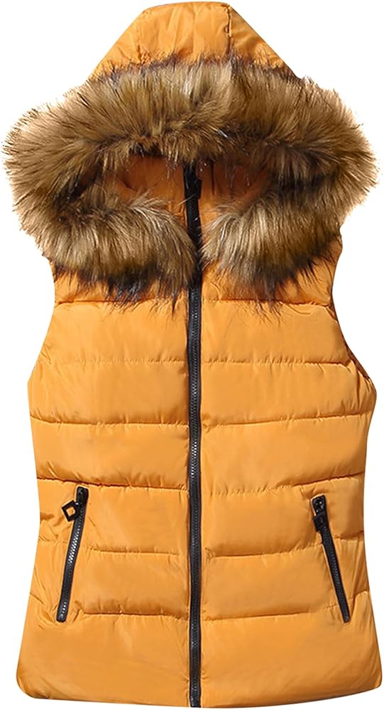 EFOFEI Womens Sleeveless Removed Vest Coat Fur Collar Pocket Hooded Slim Winter Quilted Puffer Vest Coat