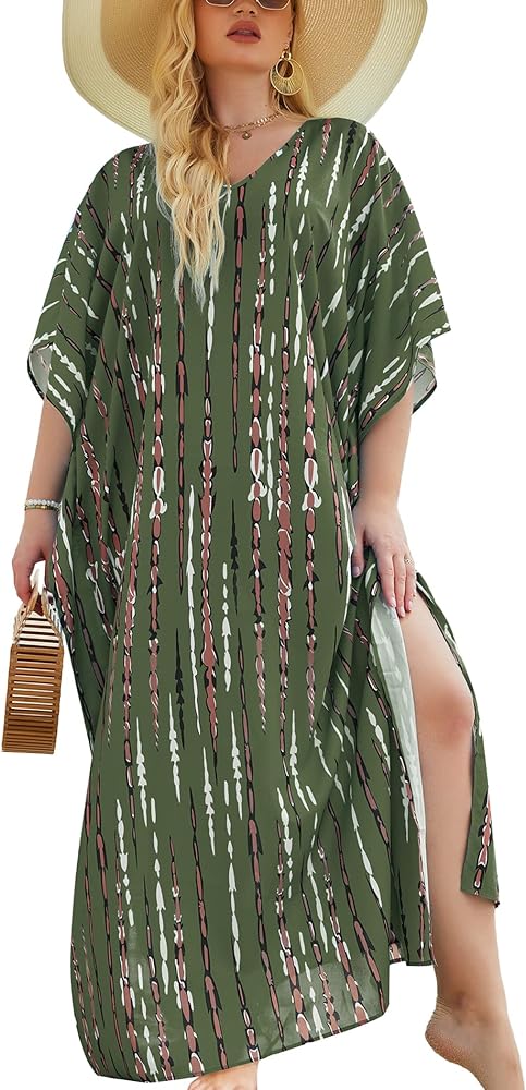 IN'VOLAND Womens Plus Size Bathing Suit Cover Up Colorful Beach Kaftan Dress Long Bikini Cover Up Swimsuit Beachwear