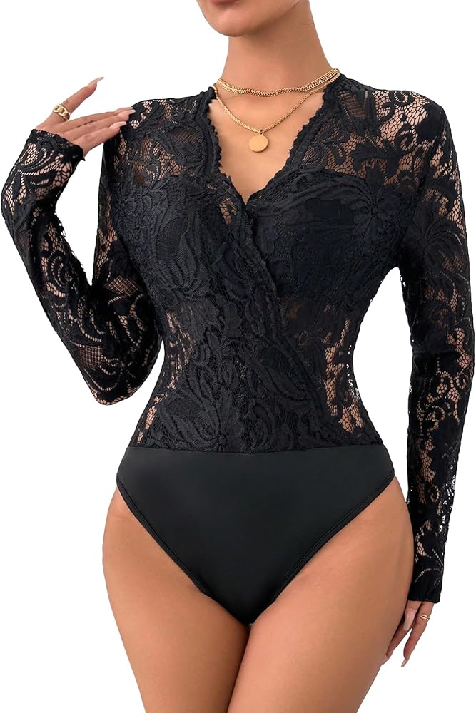 WDIRARA Women's Deep V Neck Sheer Lace Long Sleeve Scallop Trim Fitted Top Bodysuit