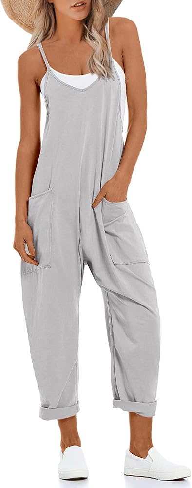 One Piece Jumpsuits for women V Neck Sleeveless Loose Fit overalls Spaghetti Strap Harem Long Pants with Pockets（Grey，S）