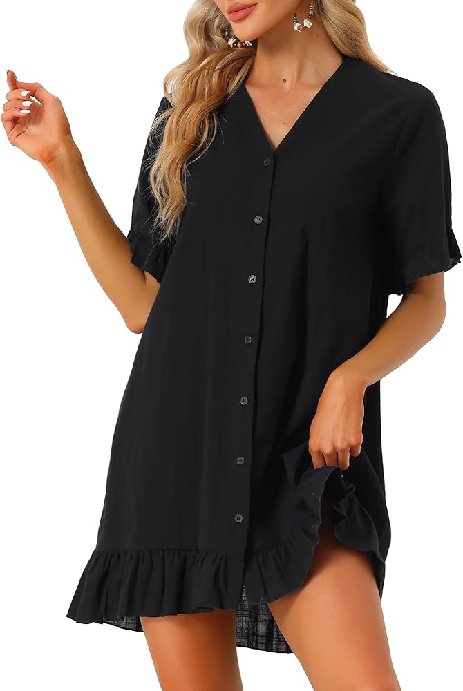 Allegra K Women's Coverups Swimwear Beach 2024 Vacation Button Down Shirtdress Ruffle Hem Cover Ups