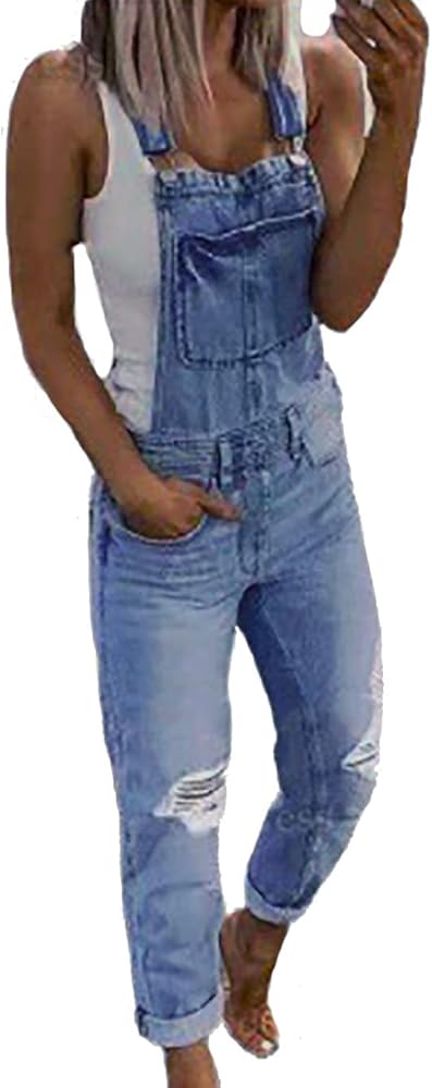 Denim Overalls for Women, Bib Overalls Women Ripped, Womens Sleeveless Straps Pockets Jumpsuit Overalls.…