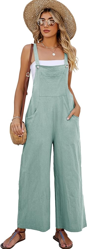 Flygo Womens Cotton Bib Overalls Loose Fit Wide Leg Jumpsuits Casual Rompers with Pockets