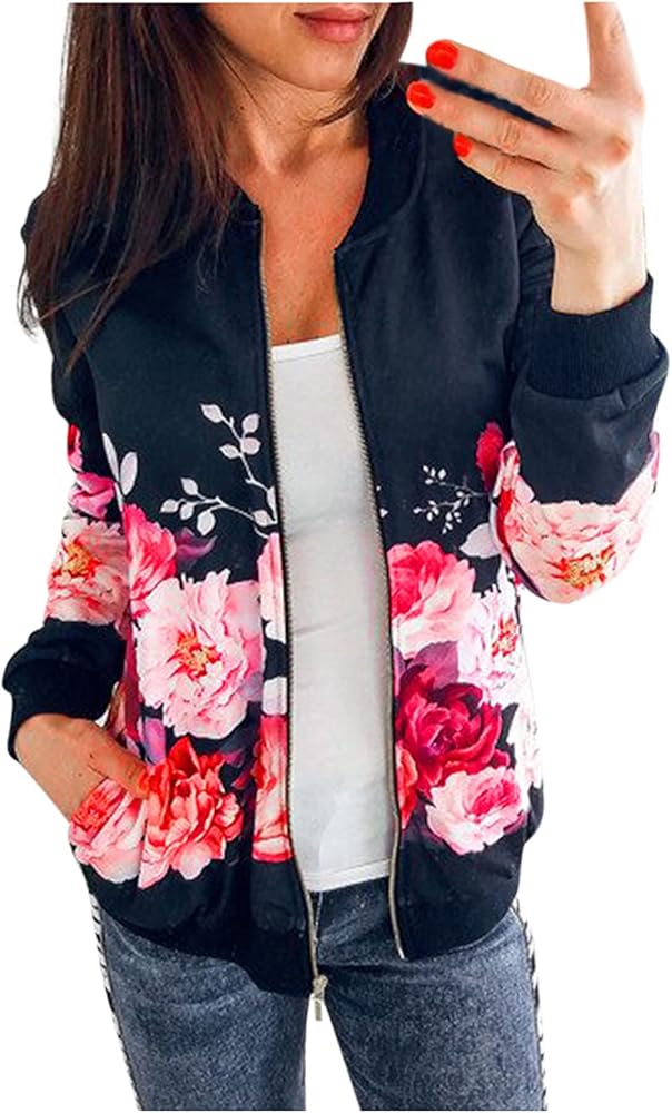 SERYU Women's Coat Retro Floral Printing Zipper Ladies' Bomber Jacket Casual Thin Slim Outwear