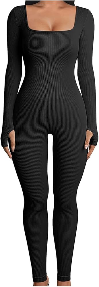 Women Yoga Jumpsuits Workout Ribbed Square Neck Long Sleeve Bodycon Rompers Sport Jumpsuits Skinny One-Piece Clothes