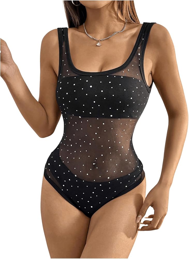 OYOANGLE Women's Rhinestone Sparkly Mesh Sheer See Through Bodysuit Scoop Neck Tank Bodysuits Top