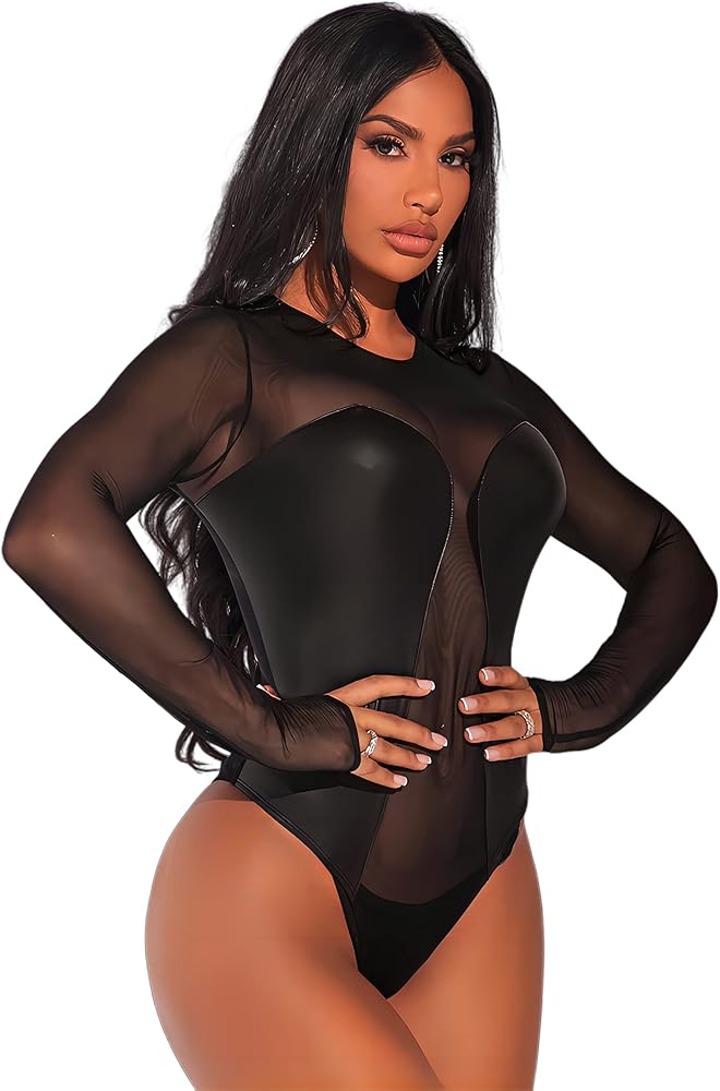 WDIRARA Women's See Through Mesh Long Sleeve Fitted Sheer Party Night Top Bodysuit