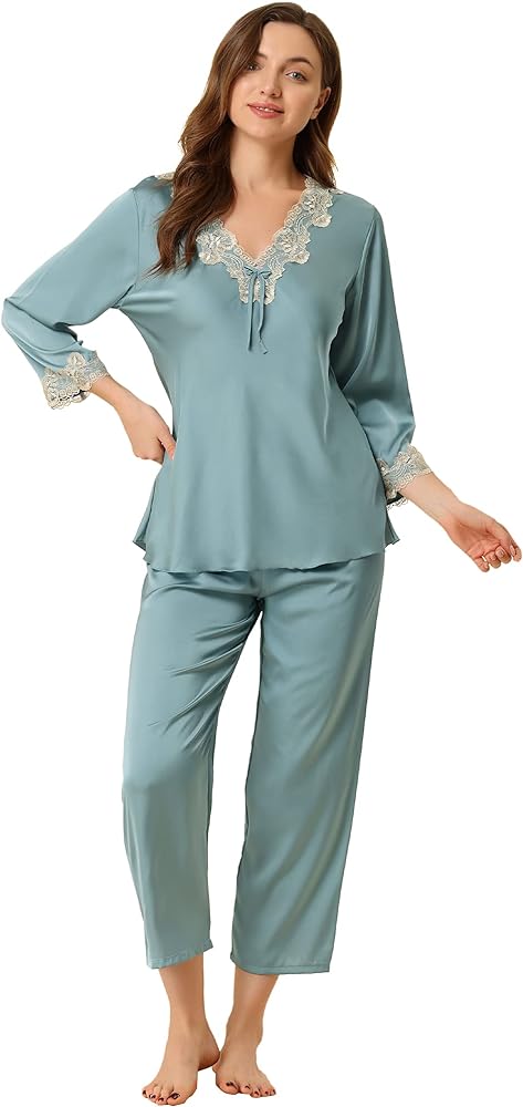 Allegra K Women's Satin Sleepwear Night Suit V Neck Lace Nightwear Lounge Pajama Set