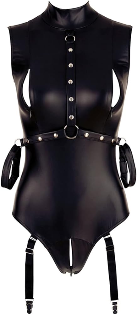 Bodysuits for Women Sexy Leather Lingerie Skinny Harness Belt Sleeveless Teddy Bodysuit with Garter Valentines Lingerie