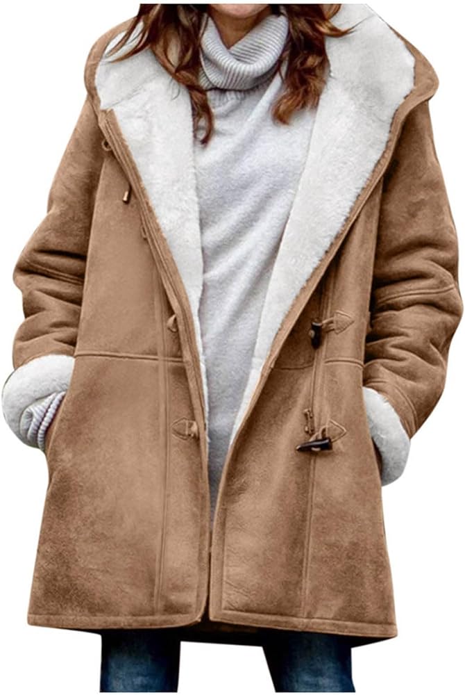 Womens Winter Coats Plus Size Sherpa Jacket Clearance Fleece Lined Hooded Jacket Warm Outerwear Oversized Thick Coat Button Down Long Sleeve Cardigan Coats Overcoat with Pockets