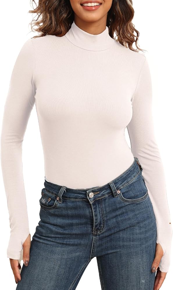 Womens Comfy Bodysuit Tops Mock Neck Stretch Long Sleeve Basic Bodysuits Shirts Casual Leotard