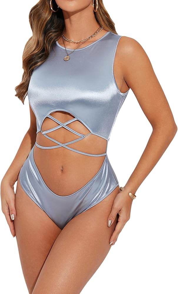 Women's Sleeveless Tie Backless Tank Bodysuit Tops Summer Crew Neck One Piece Leotard