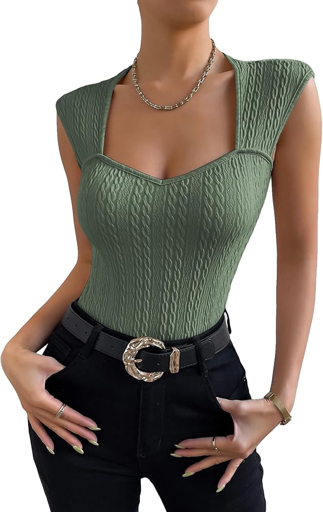 SHENHE Women's Cable Knit Sweetheart Neck Tank Slim Fitted Elegant Bodysuit Top