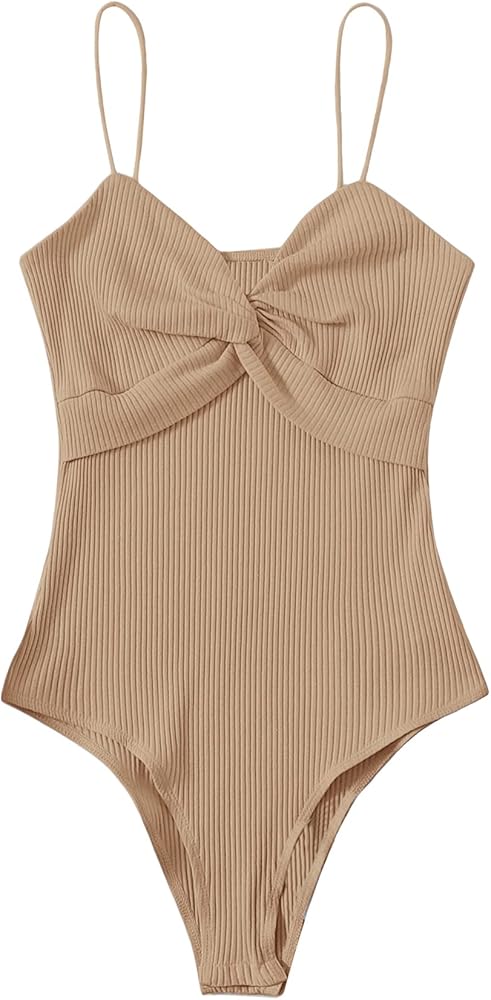 Milumia Women's Elegant Twist Front Spaghetti Strap Ribbed Knit Cami Bodysuit Tops Camel Medium