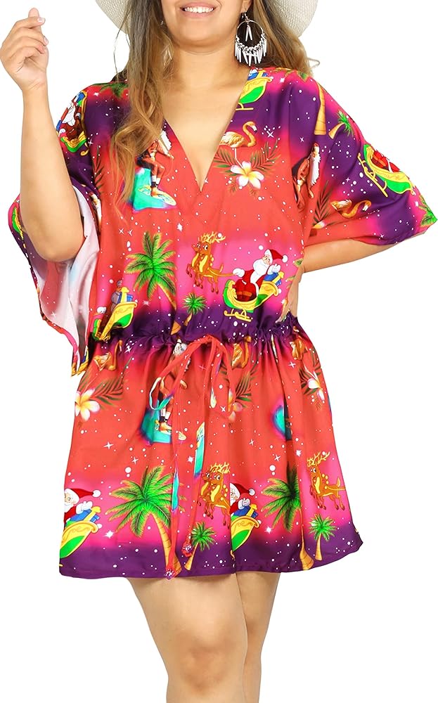 LA LEELA Women's Beachwear Summer Swim Beach Dress Cover Ups for Swimwear Bathing Suit Cover up Holiday Christmas Swimsuit Coverups for Women 3X-4X Xmas Candy, Santa Surf