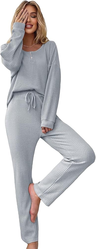 WDIRARA Women's 2 Piece Waffle Knit Button Down Long Sleeve Top and Pants Pj Lounge Set