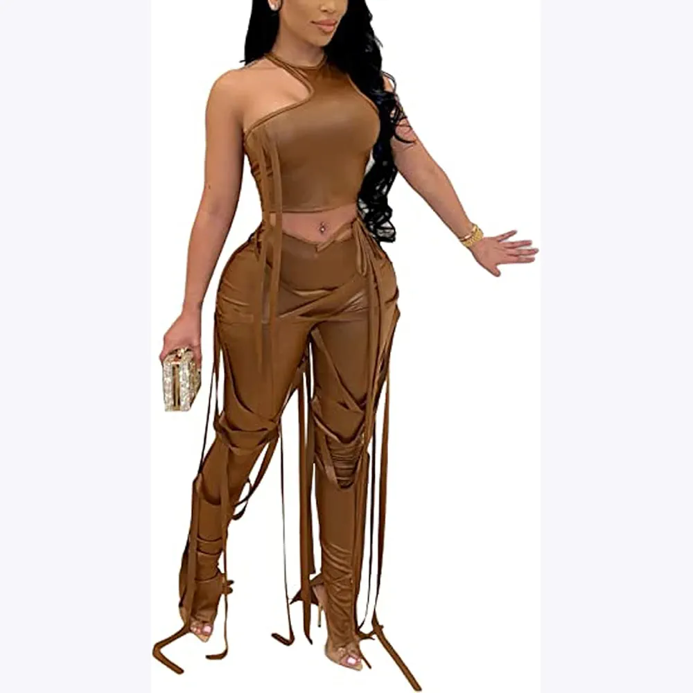 Women's Sexy Two-Piece Tank Top Strap Suit Faux Leather Pants Nightclub Top Solid Lace Up Split Bodycon Pants Set