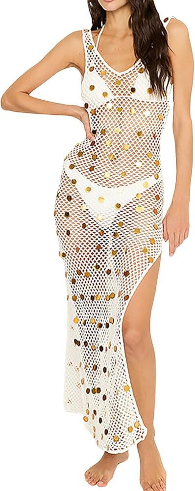 Women Sequin Swimsuit Cover Up Hollow Out Crochet Sleeveless Beach Dress Side Split Knit Bathing Suits Cover Ups