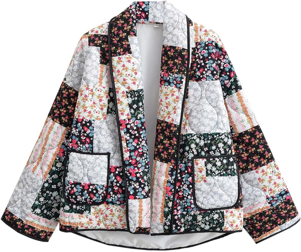 Women's Reversible Puffer Jacket Floral Print Open Front Cardigan Short Padded Quilted Coats Outwear