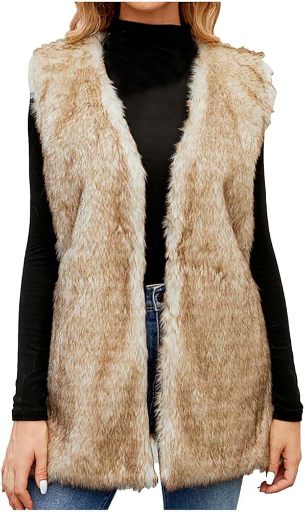 XUNRYAN Womens Luxury Faux-Fur Vests Sleeveless Waistcoat Jacket Open Front Outwear Warm Fall Winter Fashion Gilet