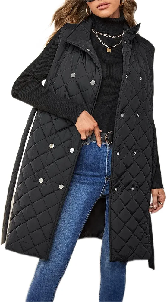 Jackets for Women - Double Breasted Quilted Vest Coat (Color : Black, Size : Large)