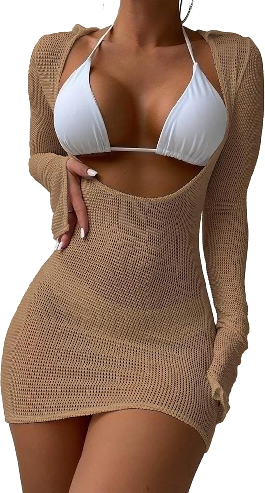 Lilosy Sexy Long Sleeve Mesh Swimsuit 3 Pieces Cover Up Bikini Set