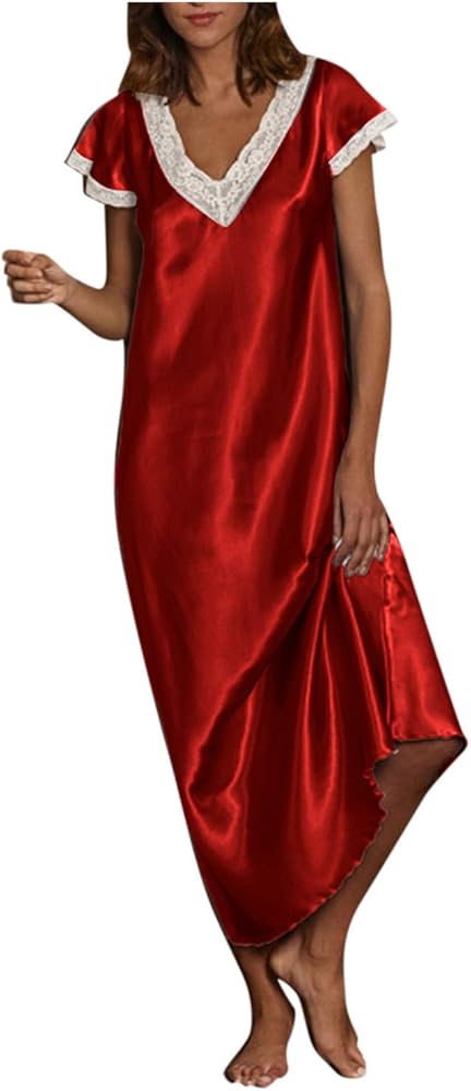 Womens Satin Silk Midi Dresses Short Sleeve Lace V Neck Pajamas Long Dress Nightgowns Sleepwear Summer Nightgown