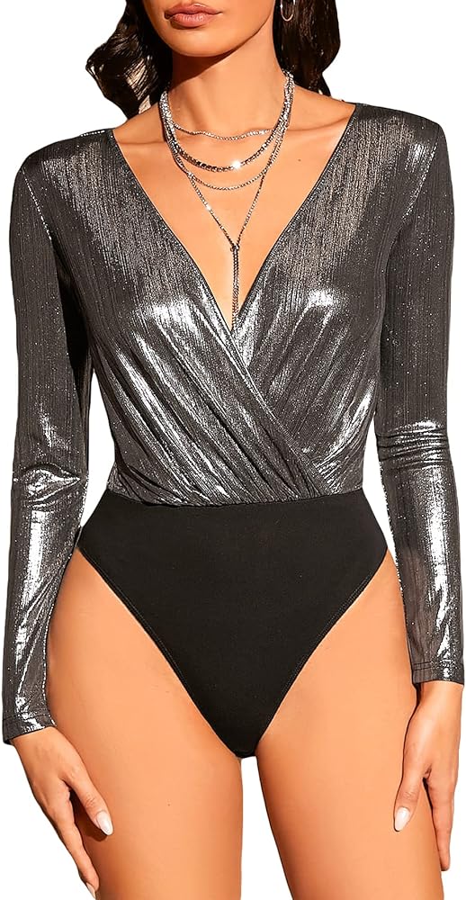 WDIRARA Women's Metallic Wrap Ruched Deep V Neck Long Sleeve Bodysuit Top Partywear