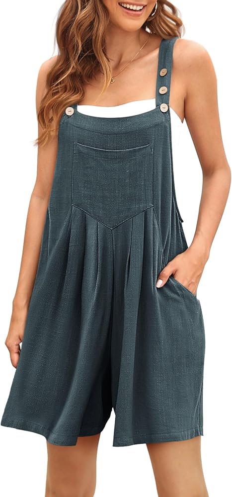 AUTOMET Jumpsuits for Women Casual Summer Shorts Overalls Button Up Comfy Rompers Sleeveless Jumpers with Pockets 2024