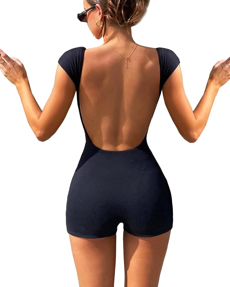 Women Gym Jumpsuits Backless Workout Romper Shorts Bodysuit Built in Bra Onesie Yoga One Piece Workout Jumpsuit