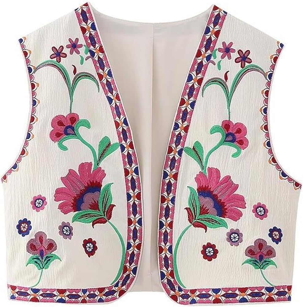 Womens Floral Embroidered Vest Vintage Open Front Outwear Boho Vests Sleeveless Waistcoat